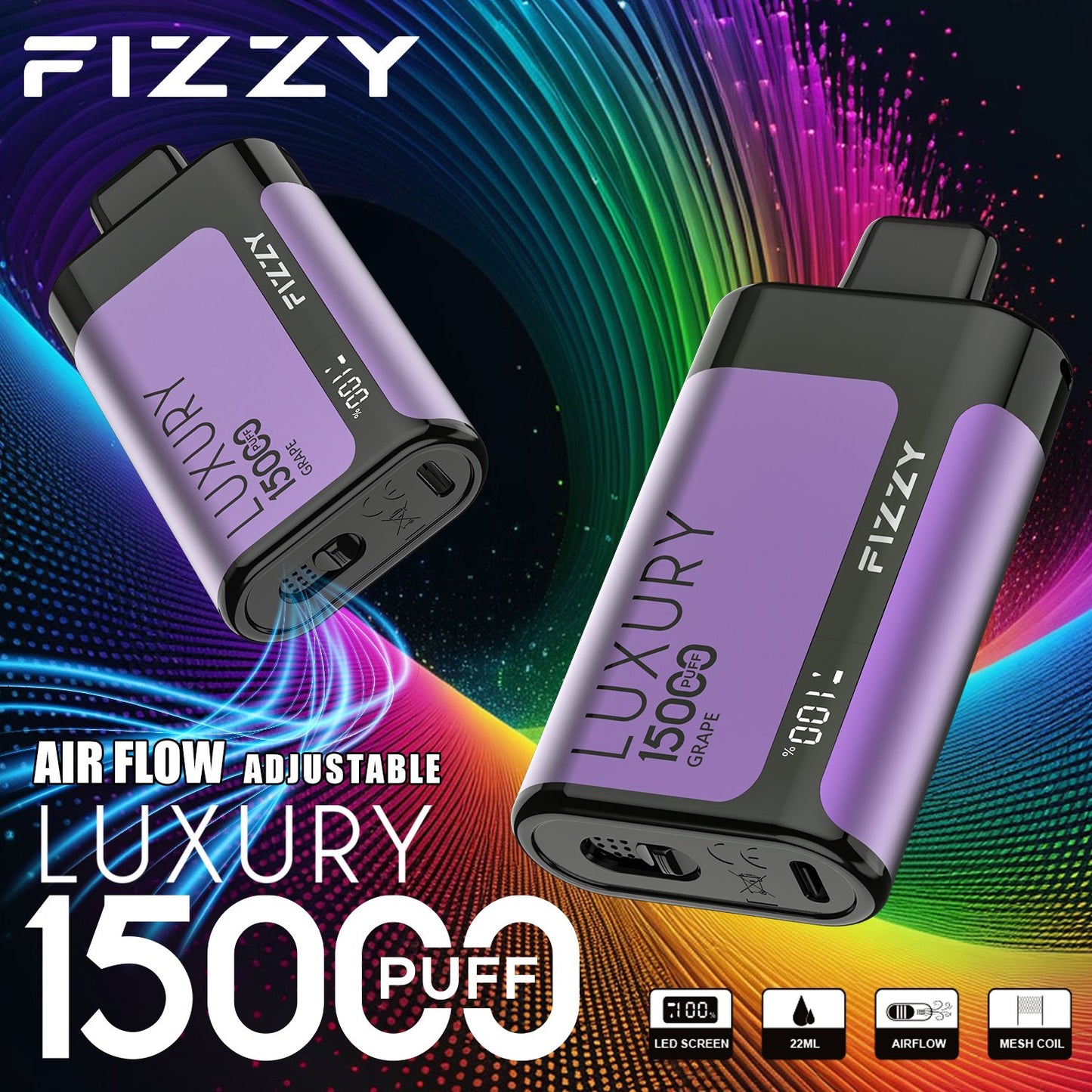 Fizzy Luxury 15000 Puffs Disposable Vape | 22ML E-liquid, Mesh Coil, LCD Screen, Adjustable Air Flow