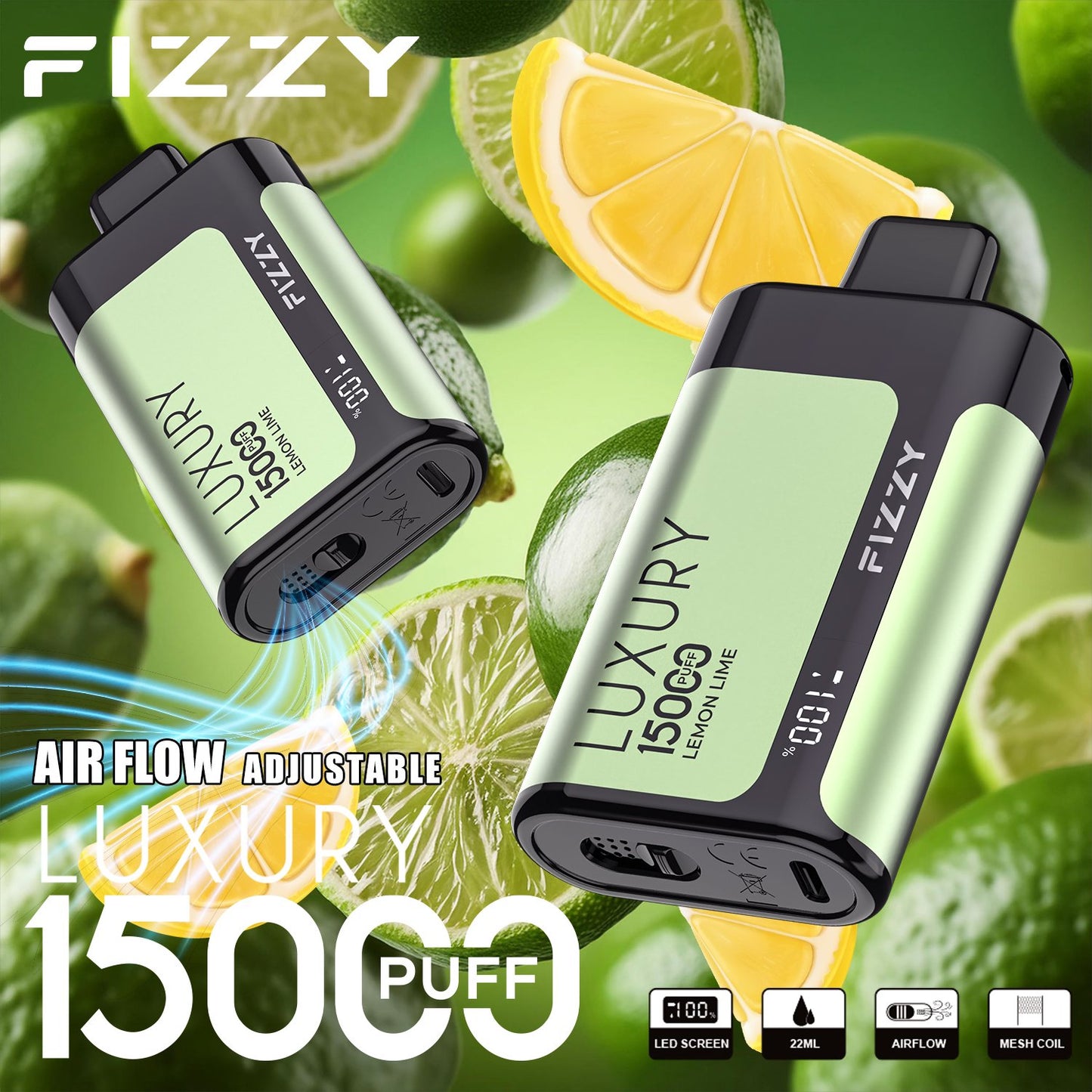 Fizzy Luxury 15000 Puffs Disposable Vape | 22ML E-liquid, Mesh Coil, LCD Screen, Adjustable Air Flow
