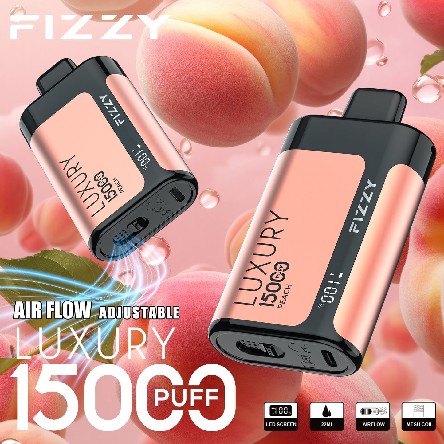 Fizzy Luxury 15000 Puffs Disposable Vape | 22ML E-liquid, Mesh Coil, LCD Screen, Adjustable Air Flow
