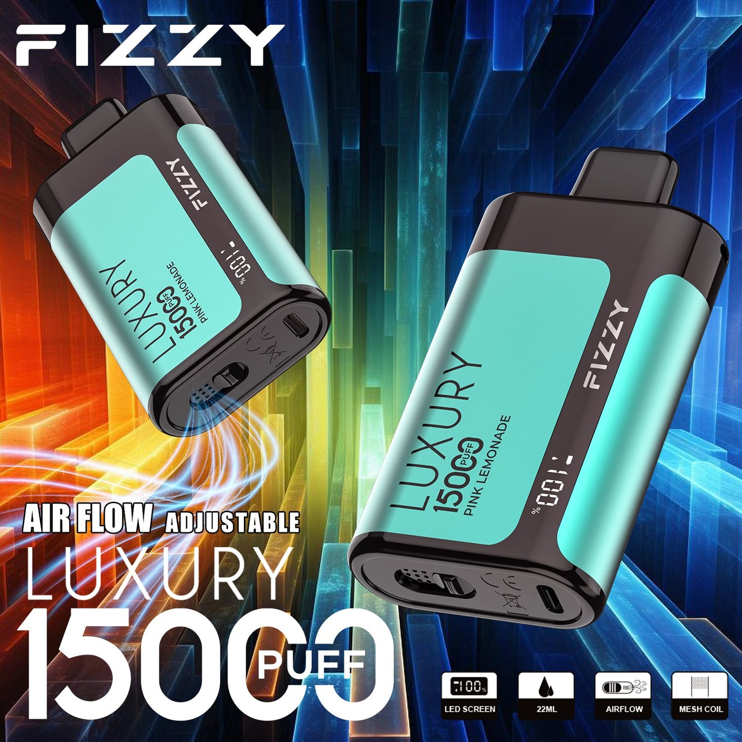 Fizzy Luxury 15000 Puffs Disposable Vape | 22ML E-liquid, Mesh Coil, LCD Screen, Adjustable Air Flow