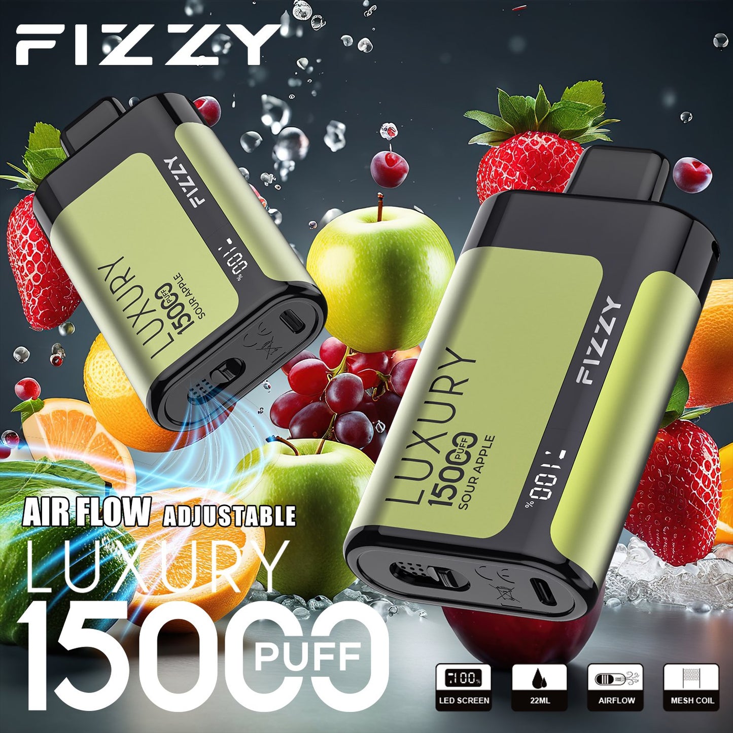 Fizzy Luxury 15000 Puffs Disposable Vape | 22ML E-liquid, Mesh Coil, LCD Screen, Adjustable Air Flow