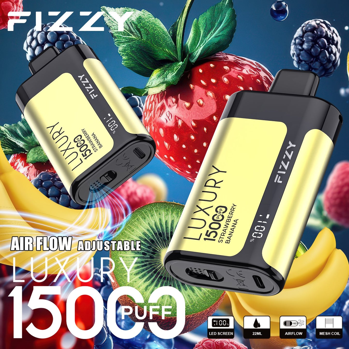 Fizzy Luxury 15000 Puffs Disposable Vape | 22ML E-liquid, Mesh Coil, LCD Screen, Adjustable Air Flow