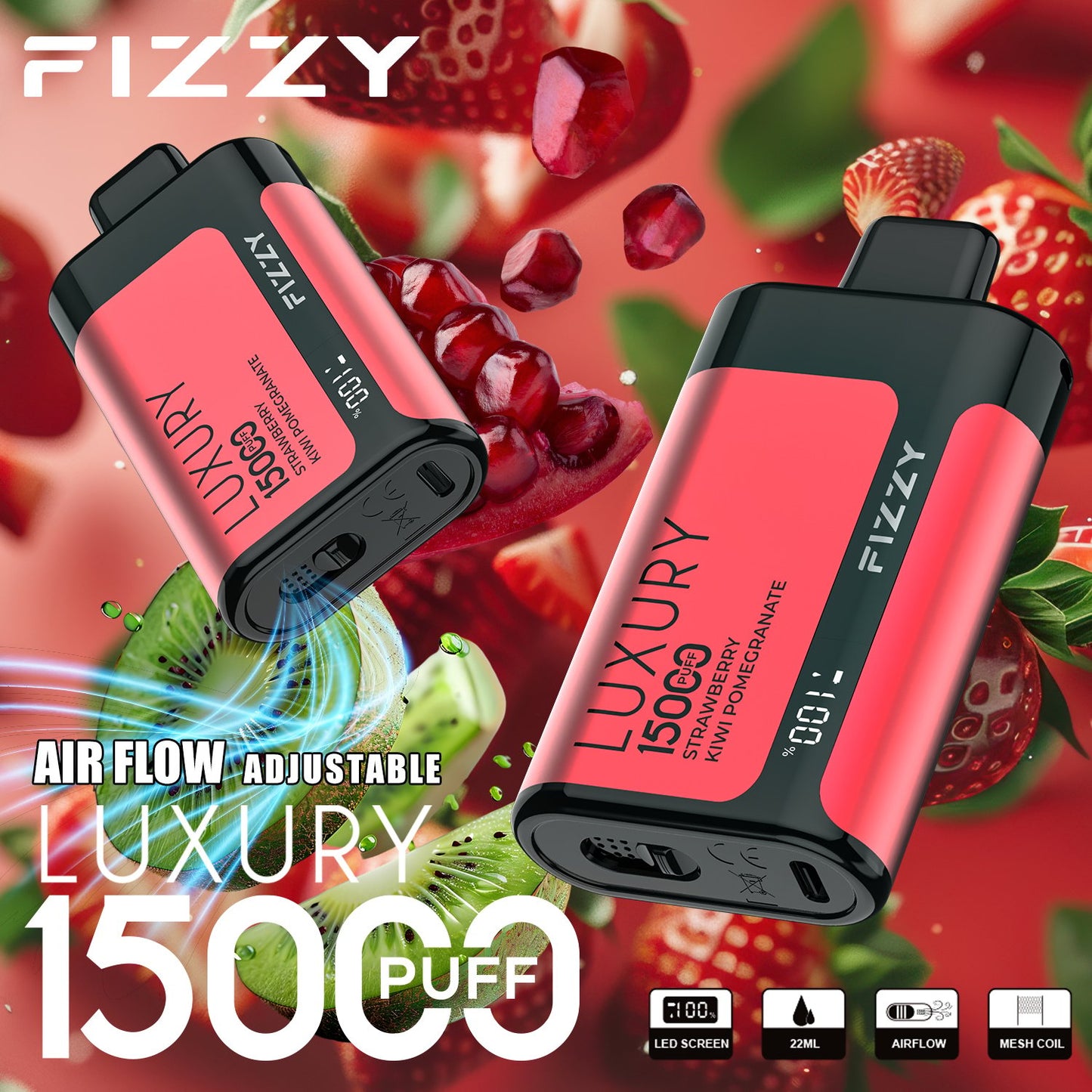 Fizzy Luxury 15000 Puffs Disposable Vape | 22ML E-liquid, Mesh Coil, LCD Screen, Adjustable Air Flow