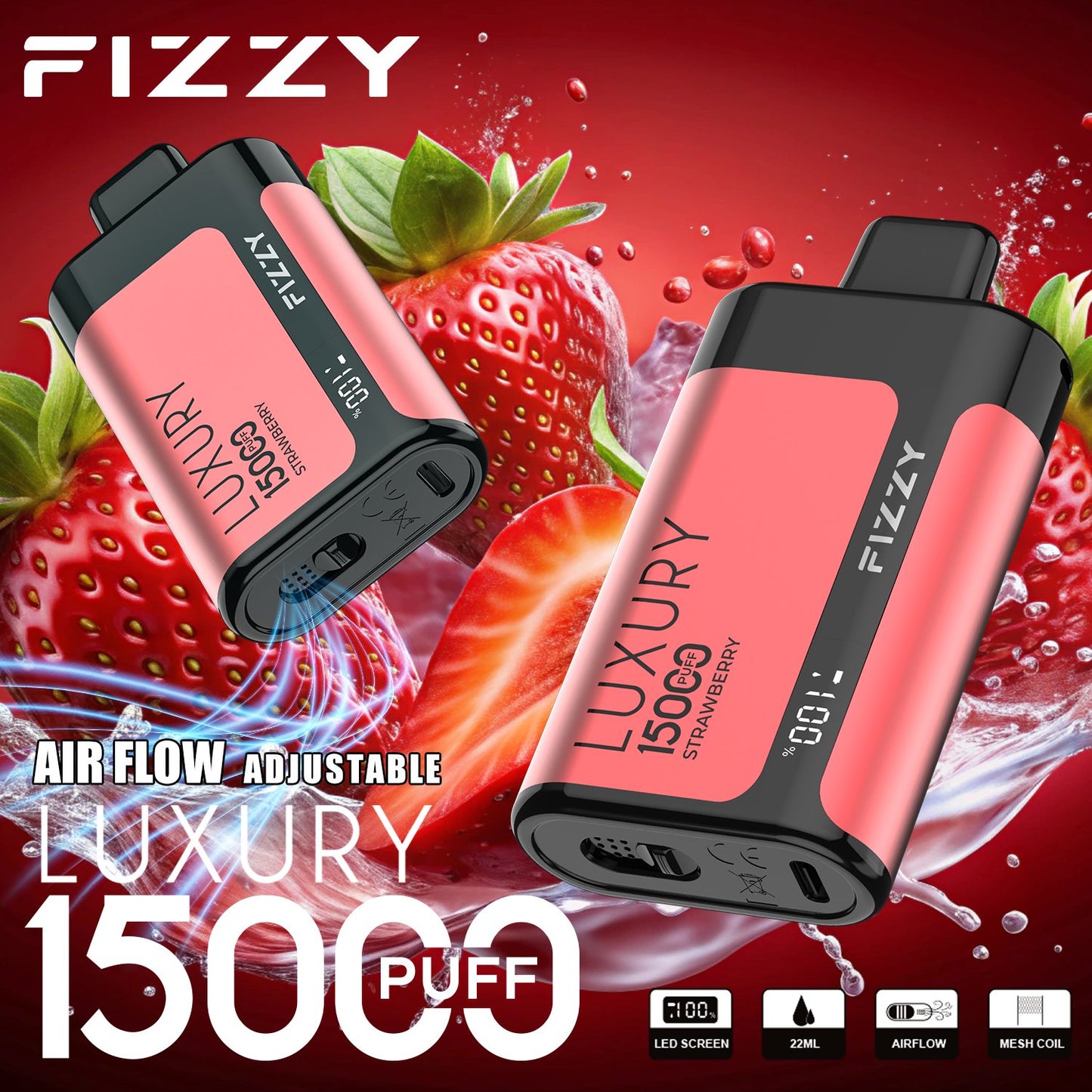 Fizzy Luxury 15000 Puffs Disposable Vape | 22ML E-liquid, Mesh Coil, LCD Screen, Adjustable Air Flow