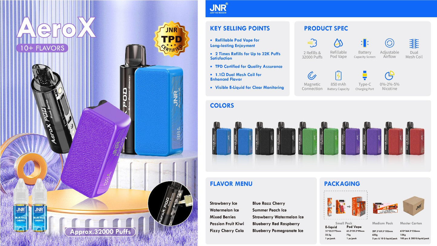 JNR Aero X 32000 puffs-850mAh Battery, 40ml E-liquid, Multiple Nicotine 12 Flavors
