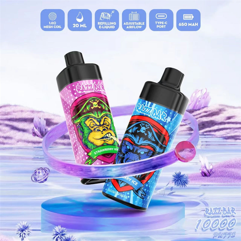 Razz Bar 10000 Puffs - 20mL, 5% Nic Salt, 16 Flavors, Mesh Coil