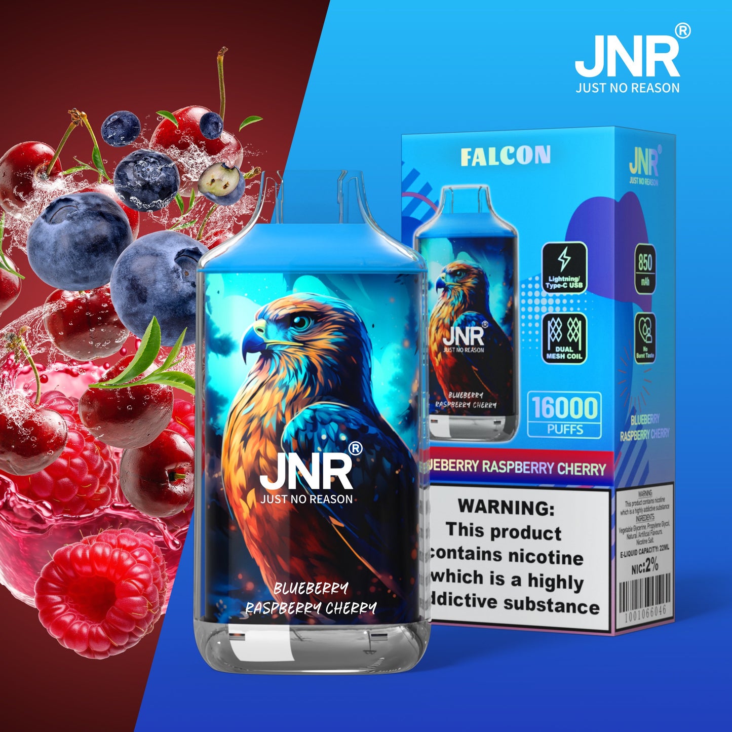 JNR FALON 16000 16K Puffs Original Edition Rechargeable Disposable Vape-850mAh Battery, 22ml E-liquid, Multiple Nicotine 27 Flavors