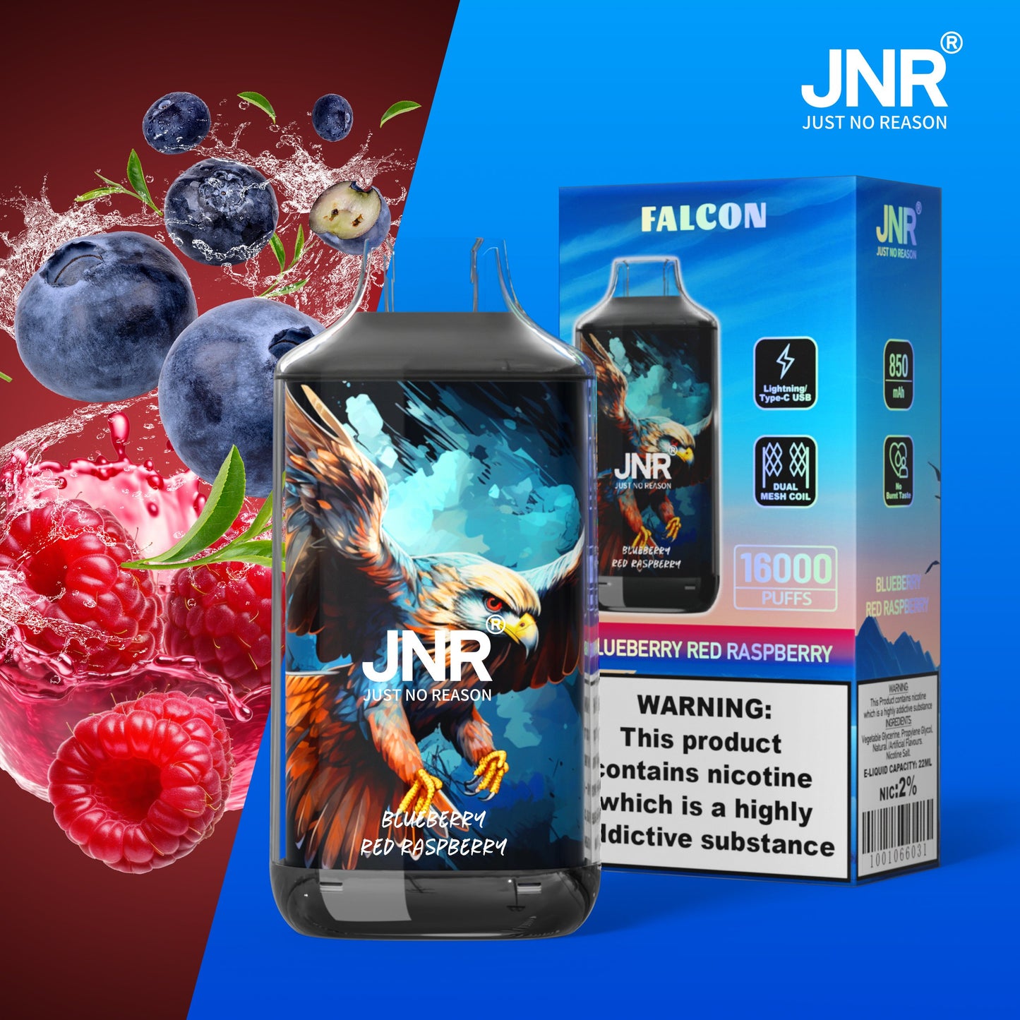 JNR FALON 16000 16K Puffs Original Edition Rechargeable Disposable Vape-850mAh Battery, 22ml E-liquid, Multiple Nicotine 27 Flavors