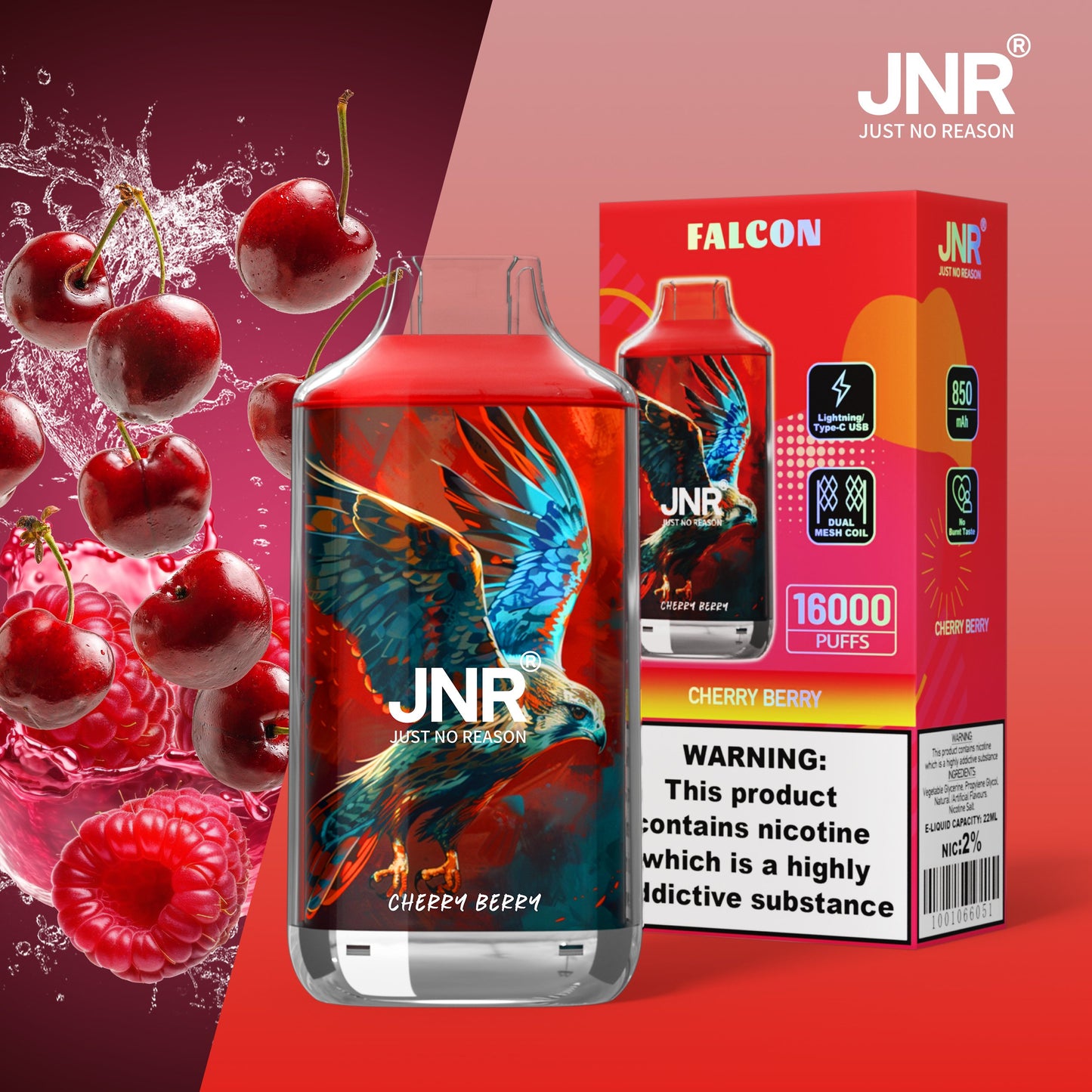 JNR FALON 16000 16K Puffs Original Edition Rechargeable Disposable Vape-850mAh Battery, 22ml E-liquid, Multiple Nicotine 27 Flavors