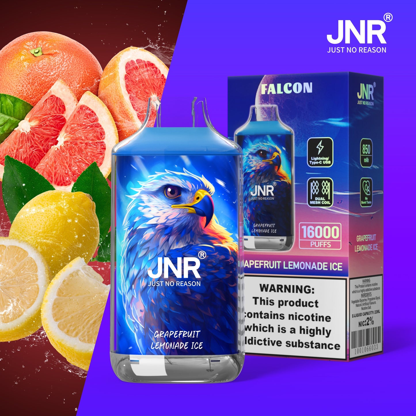 JNR FALON 16000 16K Puffs Original Edition Rechargeable Disposable Vape-850mAh Battery, 22ml E-liquid, Multiple Nicotine 27 Flavors