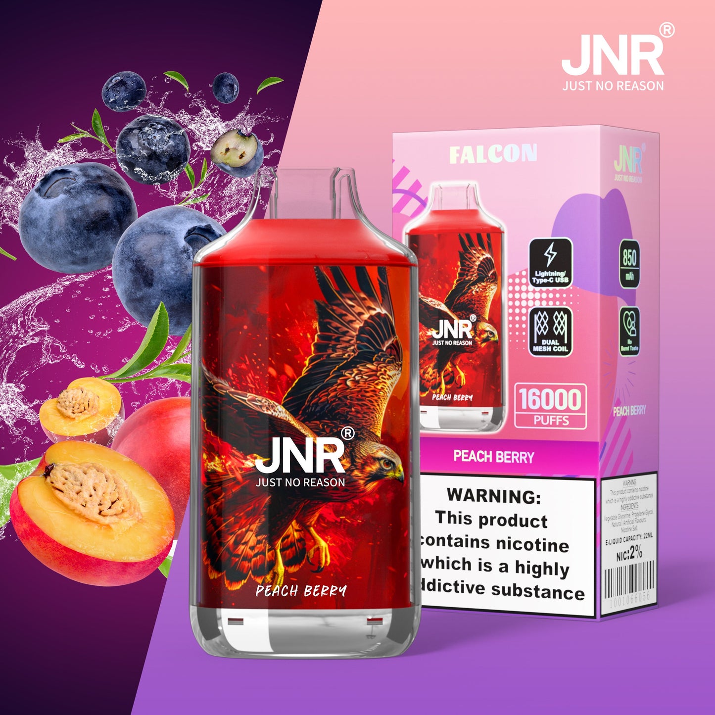 JNR FALON 16000 16K Puffs Original Edition Rechargeable Disposable Vape-850mAh Battery, 22ml E-liquid, Multiple Nicotine 27 Flavors