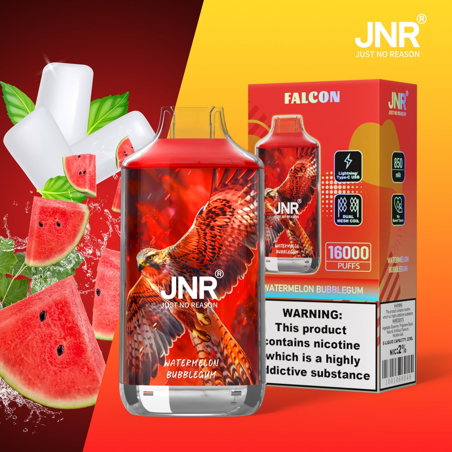 JNR FALON 16000 16K Puffs Original Edition Rechargeable Disposable Vape-850mAh Battery, 22ml E-liquid, Multiple Nicotine 27 Flavors