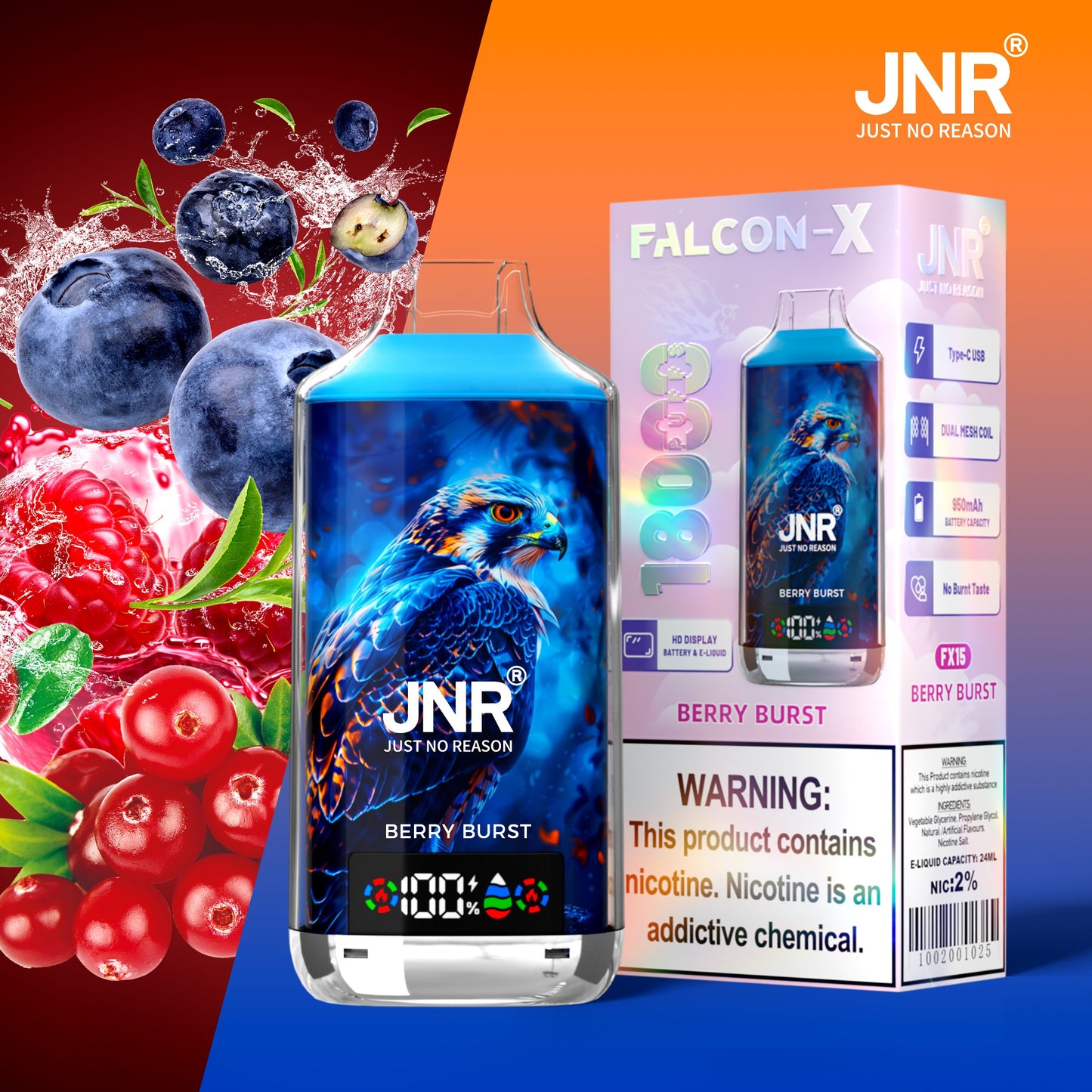 JNR FALCON X 18000 18k Puffs LED Display Hot Sale Disposable Vape-950mAh Battery, 24ml E-liquid, Multiple Nicotine 29 Flavors