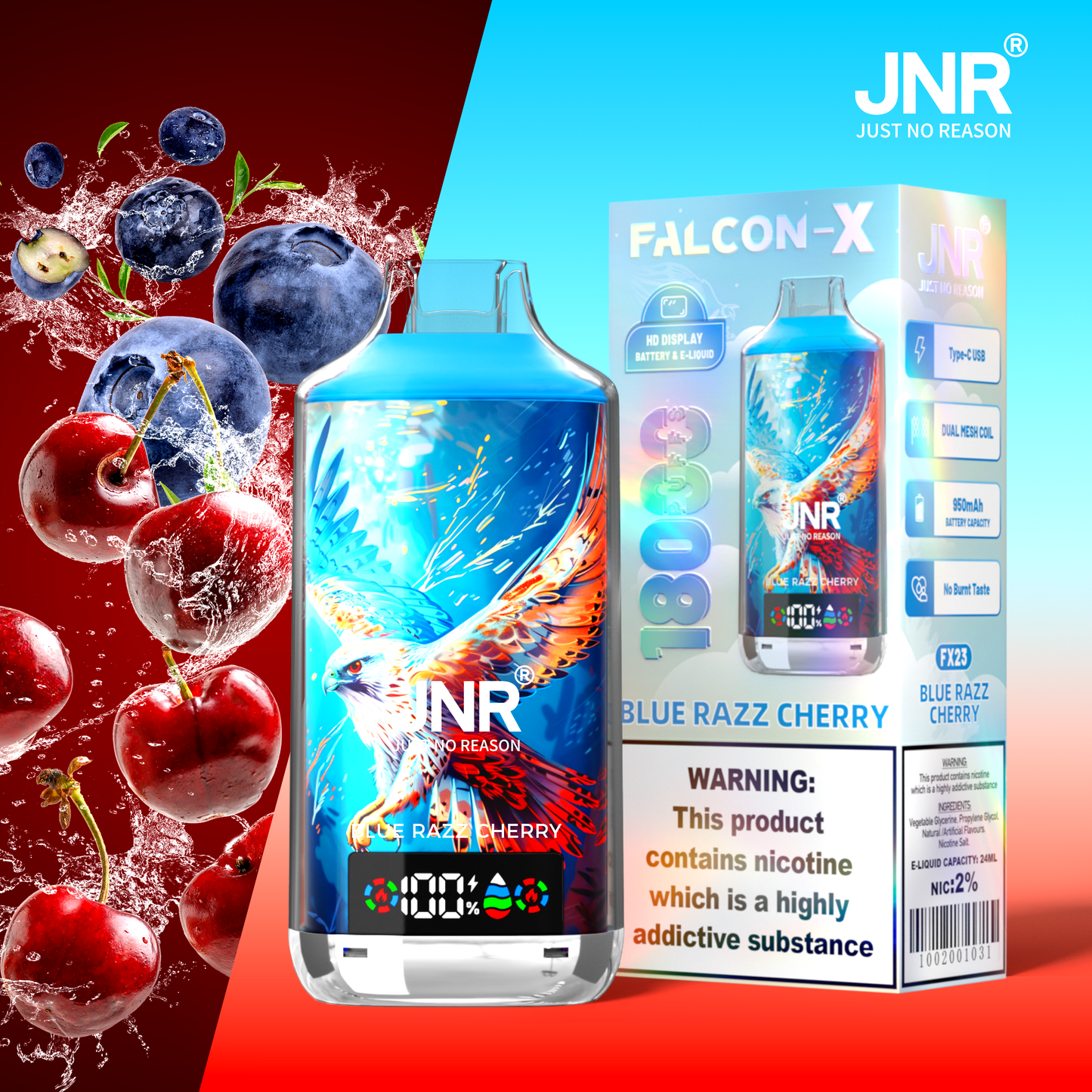 JNR FALCON X 18000 18k Puffs LED Display Hot Sale Disposable Vape-950mAh Battery, 24ml E-liquid, Multiple Nicotine 29 Flavors