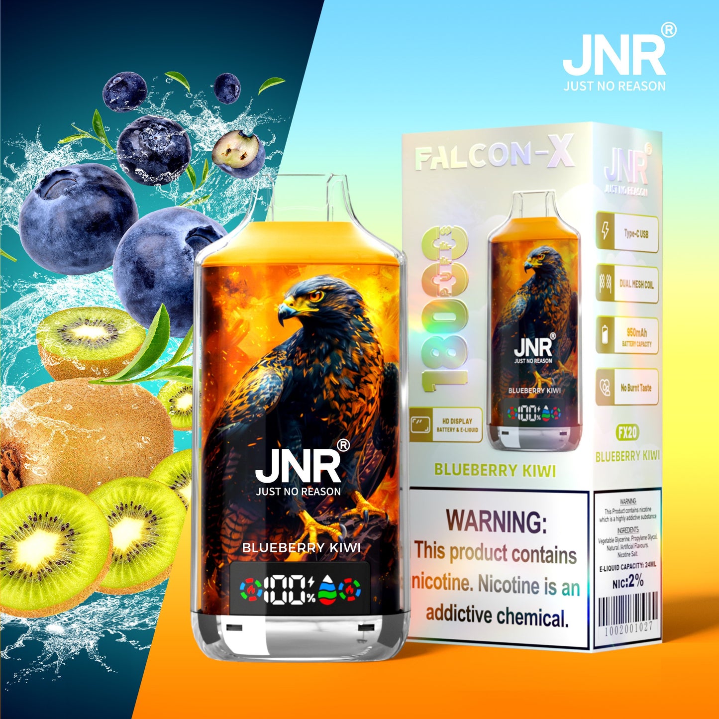 JNR FALCON X 18000 18k Puffs LED Display Hot Sale Disposable Vape-950mAh Battery, 24ml E-liquid, Multiple Nicotine 29 Flavors