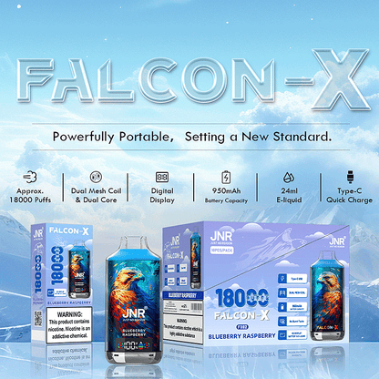 JNR FALCON X 18000 18k Puffs LED Display Hot Sale Disposable Vape-950mAh Battery, 24ml E-liquid, Multiple Nicotine 29 Flavors