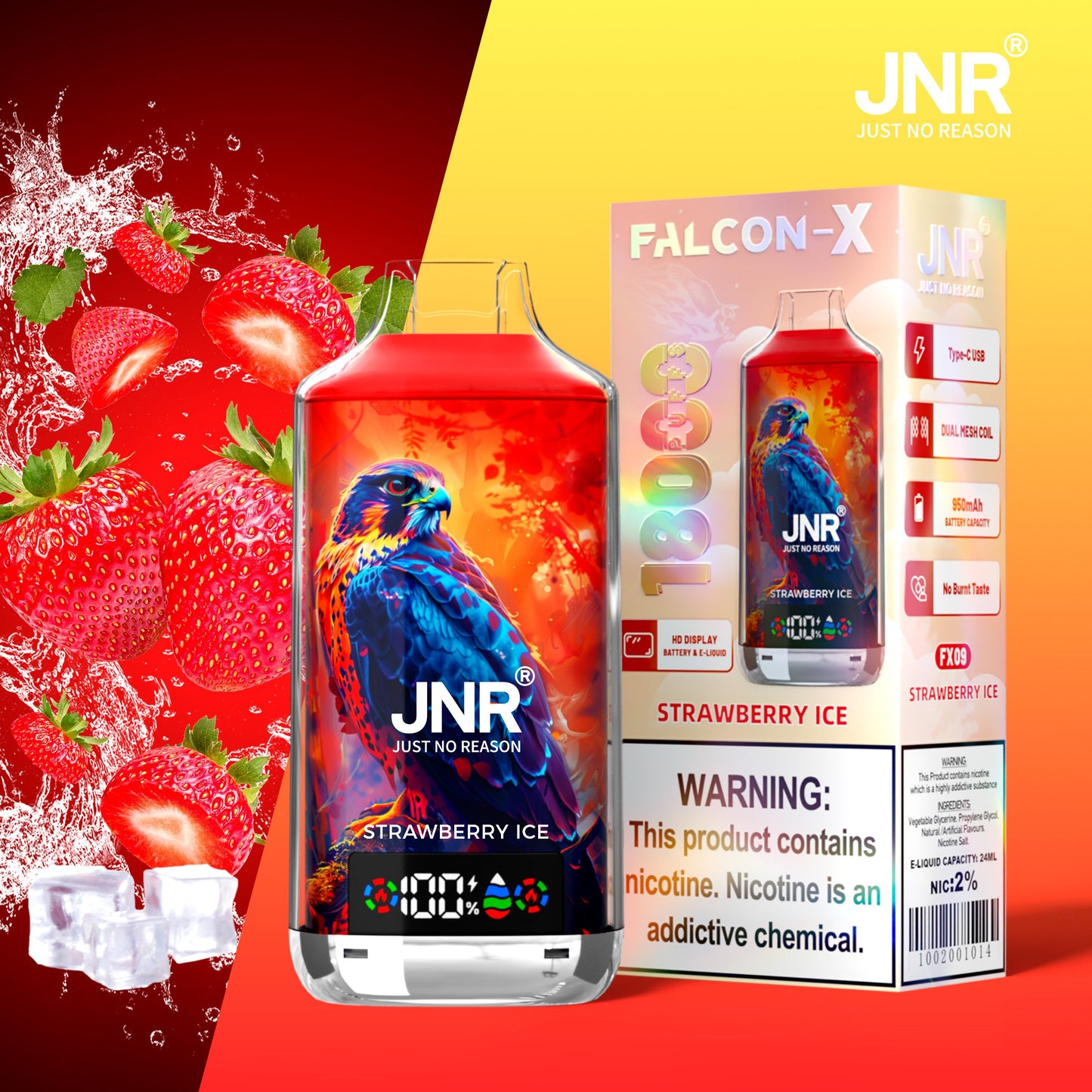 JNR FALCON X 18000 18k Puffs LED Display Hot Sale Disposable Vape-950mAh Battery, 24ml E-liquid, Multiple Nicotine 29 Flavors