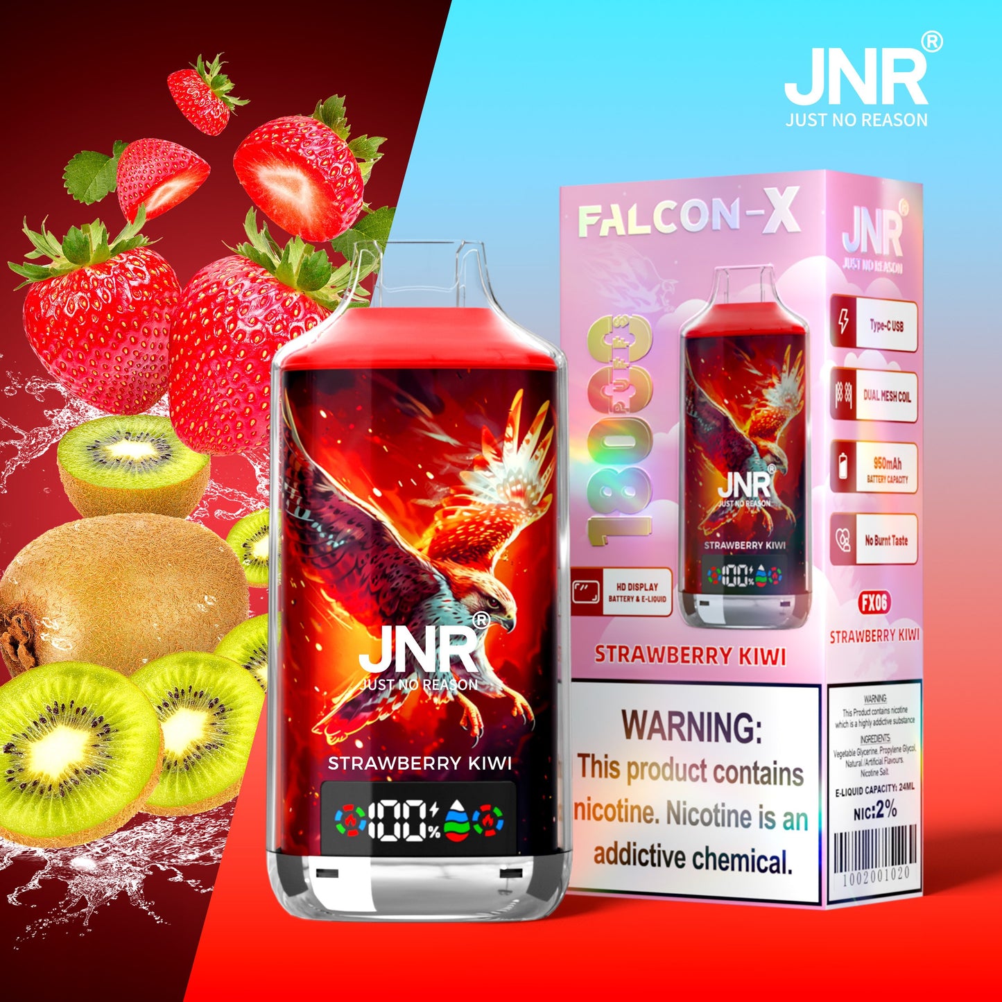 JNR FALCON X 18000 18k Puffs LED Display Hot Sale Disposable Vape-950mAh Battery, 24ml E-liquid, Multiple Nicotine 29 Flavors