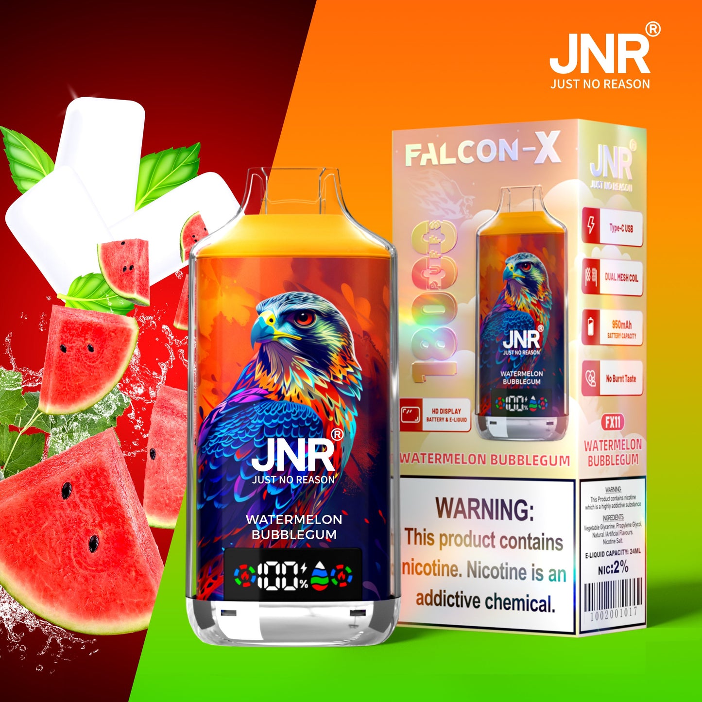 JNR FALCON X 18000 18k Puffs LED Display Hot Sale Disposable Vape-950mAh Battery, 24ml E-liquid, Multiple Nicotine 29 Flavors