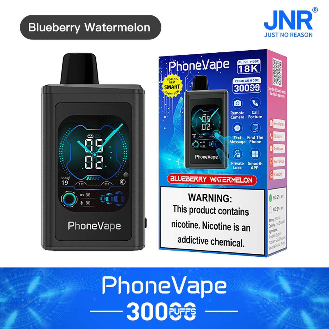 JNR Phone Vape 30000 30K Puffs Latest Smart Disposable Vape-1000mAh Battery, 19ml E-liquid, Multiple Nicotine 10 Flavors