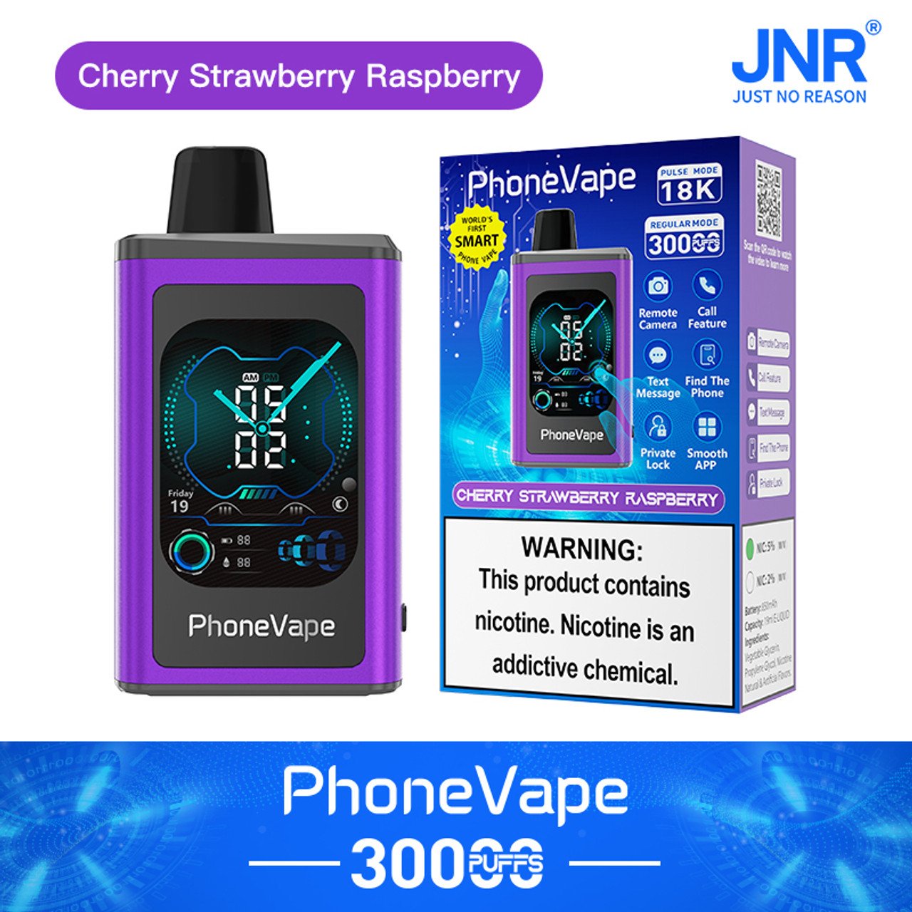 JNR Phone Vape 30000 30K Puffs Latest Smart Disposable Vape-1000mAh Battery, 19ml E-liquid, Multiple Nicotine 10 Flavors