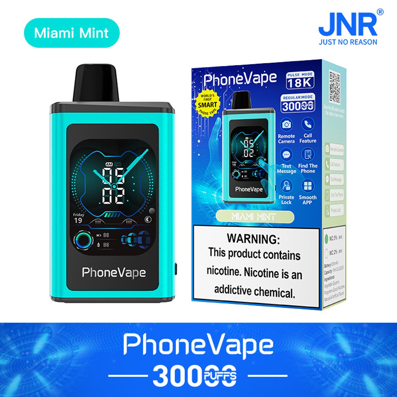 JNR Phone Vape 30000 30K Puffs Latest Smart Disposable Vape-1000mAh Battery, 19ml E-liquid, Multiple Nicotine 10 Flavors