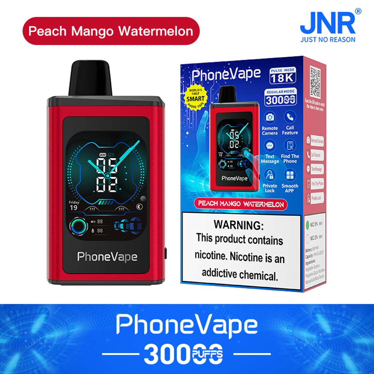 JNR Phone Vape 30000 30K Puffs Latest Smart Disposable Vape-1000mAh Battery, 19ml E-liquid, Multiple Nicotine 10 Flavors