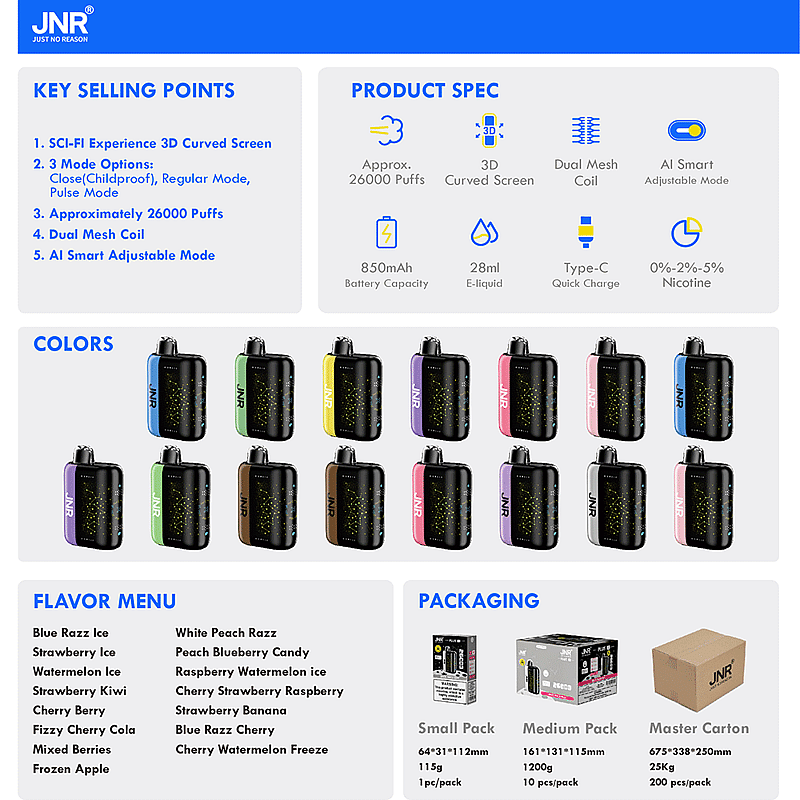JNR Plus X 26000 26K Puffs Disposable Vape Newest Electronic Cigarette Pod-850mAh Battery, 28ml E-liquid, Multiple Nicotine 15 Flavors