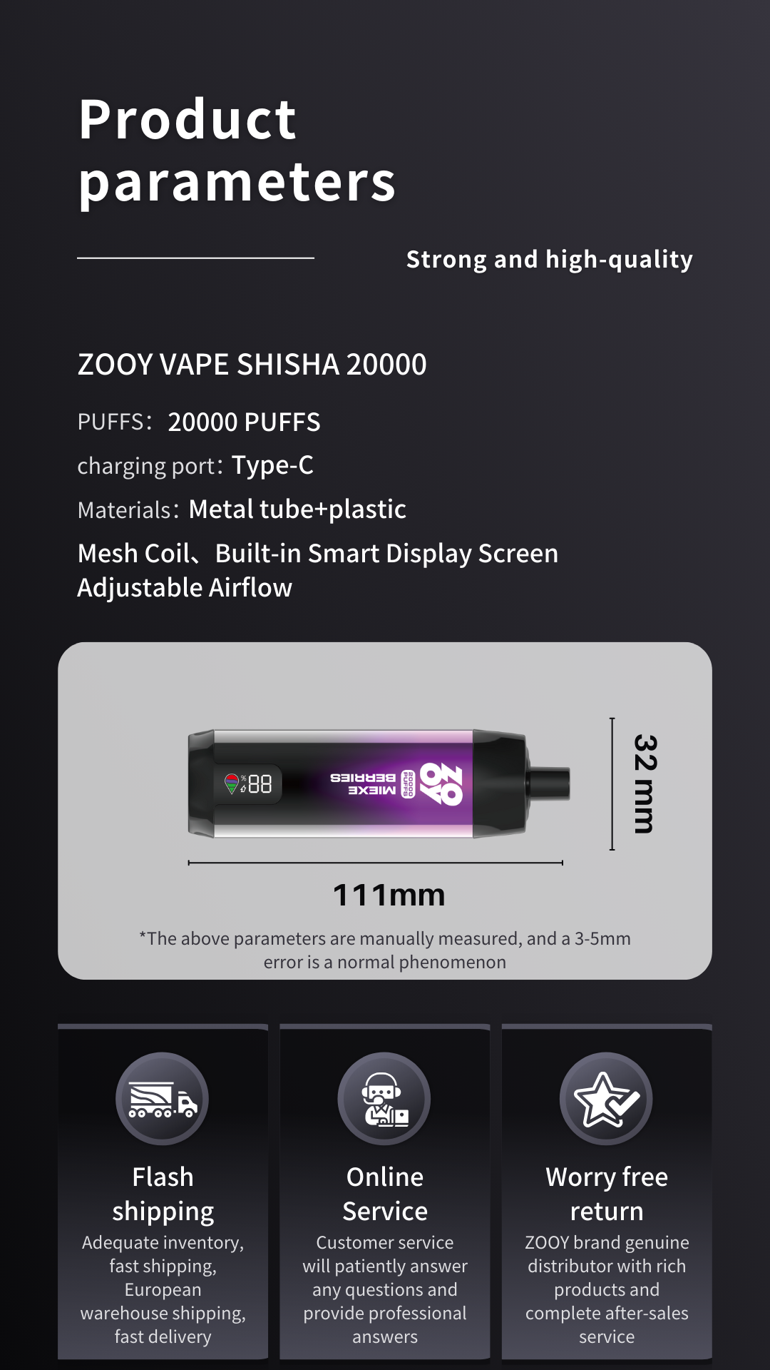 Zooy Shisha 20000 Puff DTL Disposable Vape Mesh Coil Fast Shipping 20K Puff