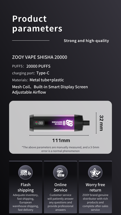 Zooy Shisha 20000 Puff DTL Disposable Vape Mesh Coil Fast Shipping 20K Puff