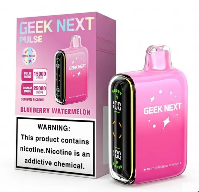 GEEK NEXT Pulse 25000 Puffs 25K DISPOSABLE 5 PER PACK, |25000 Puff Disposable Vape  5% Nic,E-JUICE CAPACITY. 18.0 ml ; PUFF COUNT. ~ 25000 / ~ 15000 Pulse ; BATTERY SIZE. 820 mAh.