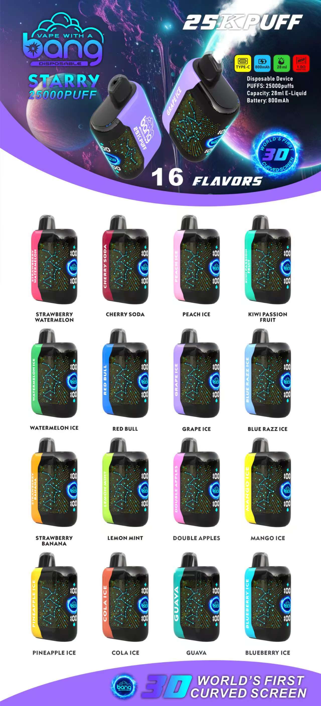 Bang Starry  25000 Puffs 25K Smart Full Screen Turn Ice Wholesale Disposable Vape Puff  Prefilled Pod