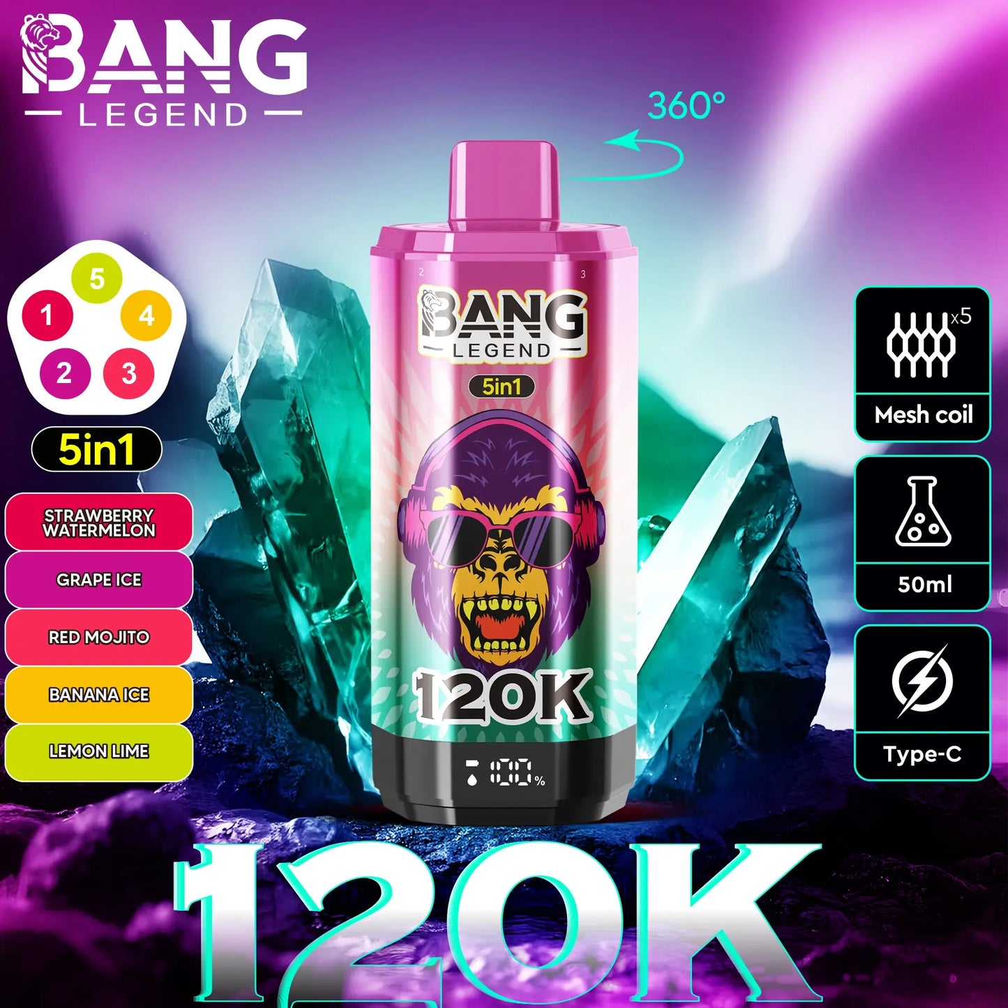 Bang Legend 120K – The Ultimate 5-in-1 Disposable Vape | 120,000 Puffs | Adjustable Triple Flavors | Nebula Burst