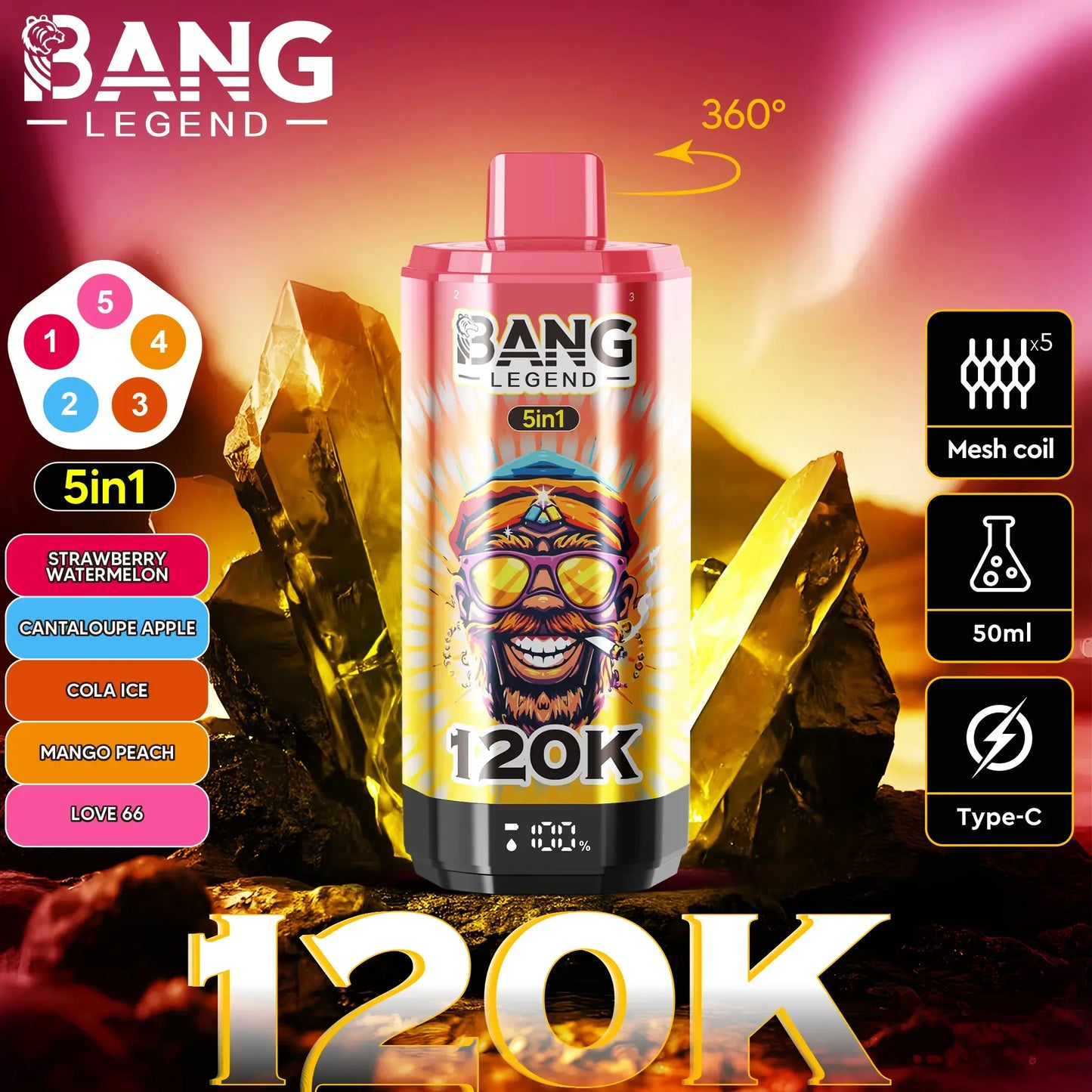 Bang Legend 120K – The Ultimate 5-in-1 Disposable Vape | 120,000 Puffs | Adjustable Triple Flavors | Nebula Burst
