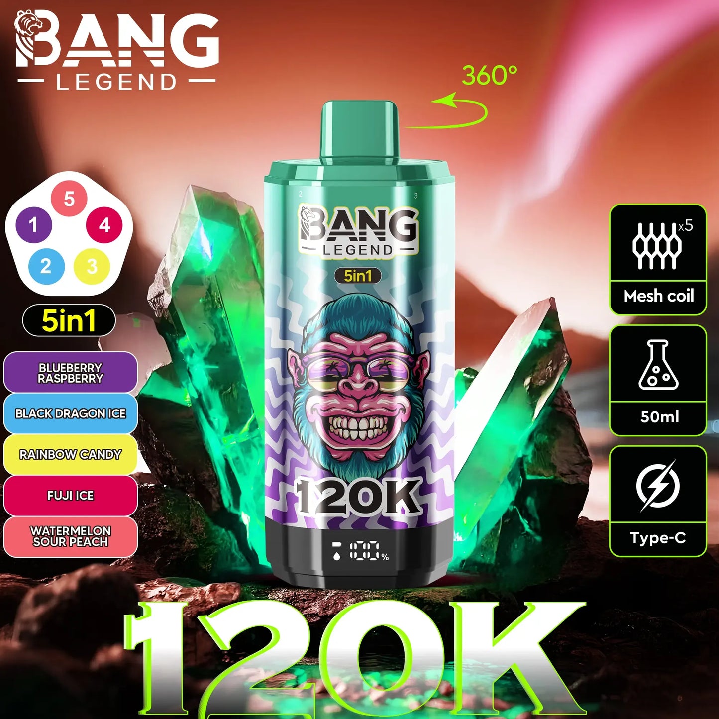 Bang Legend 120K – The Ultimate 5-in-1 Disposable Vape | 120,000 Puffs | Adjustable Triple Flavors | Nebula Burst