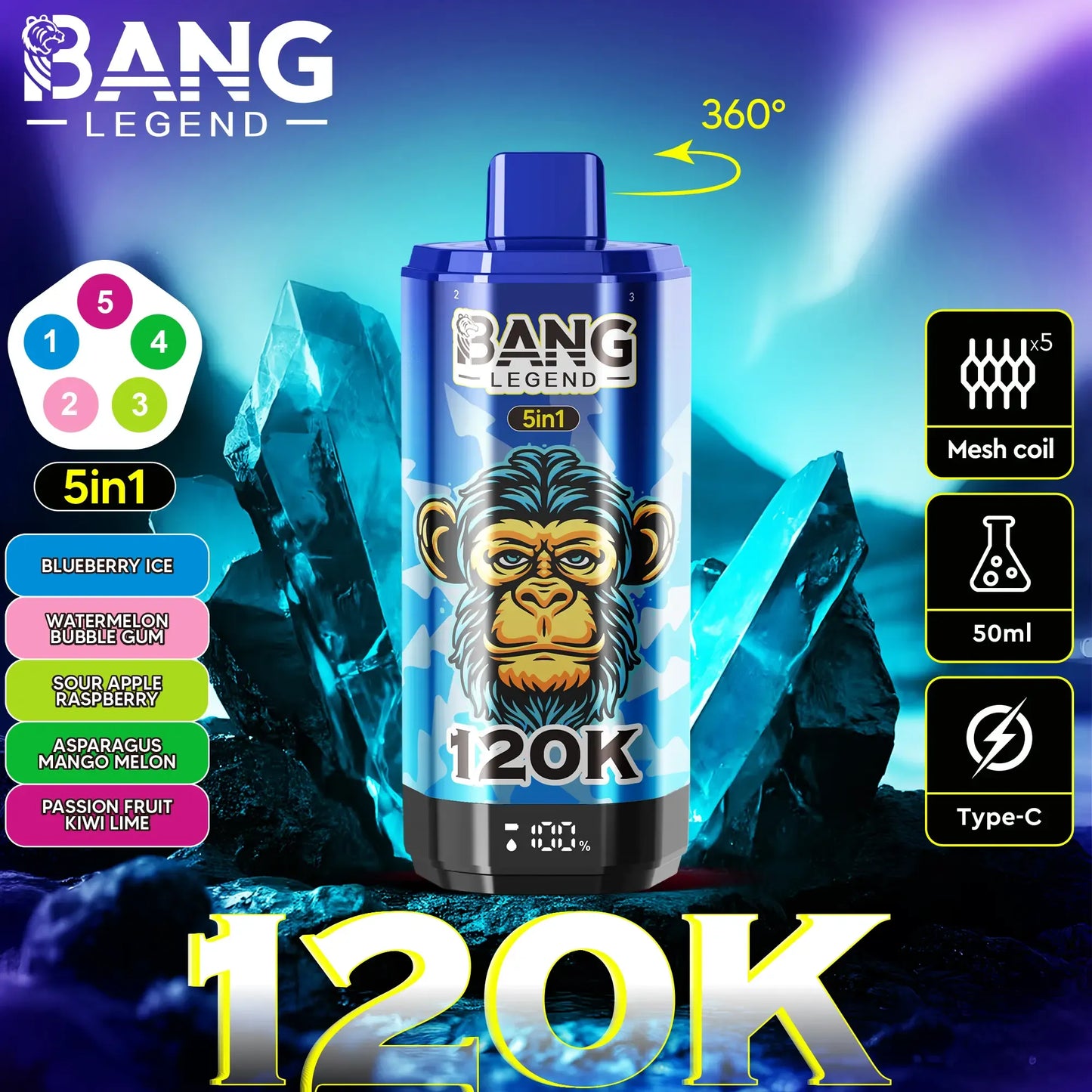 Bang Legend 120K – The Ultimate 5-in-1 Disposable Vape | 120,000 Puffs | Adjustable Triple Flavors | Nebula Burst