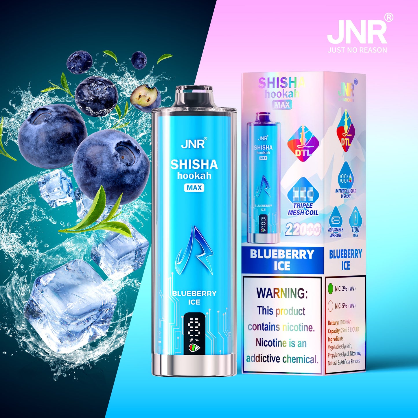 JNR Shisha Max 22000 22K Puffs Original DTL Disposable Vape Pen-1100mAh Battery, 29ml E-liquid, Multiple Nicotine 15 Flavors