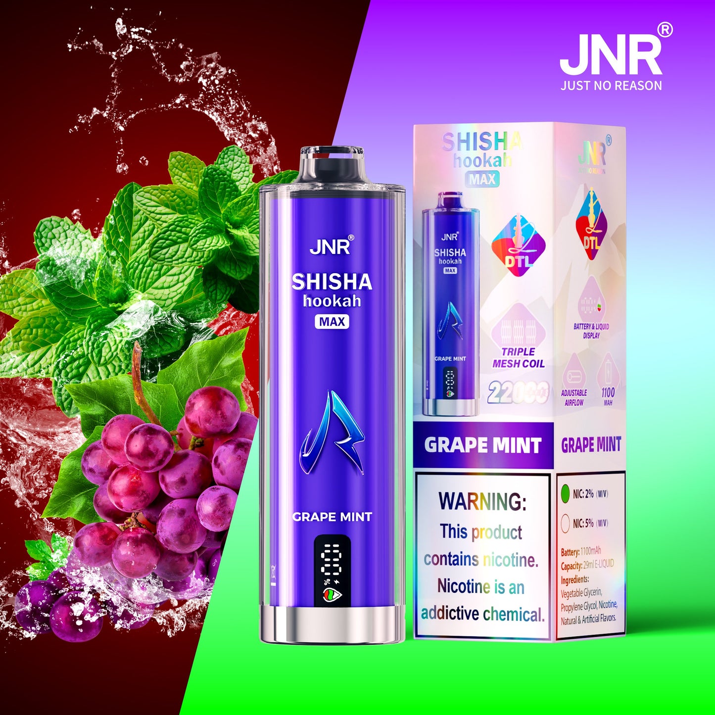 JNR Shisha Max 22000 22K Puffs Original DTL Disposable Vape Pen-1100mAh Battery, 29ml E-liquid, Multiple Nicotine 15 Flavors