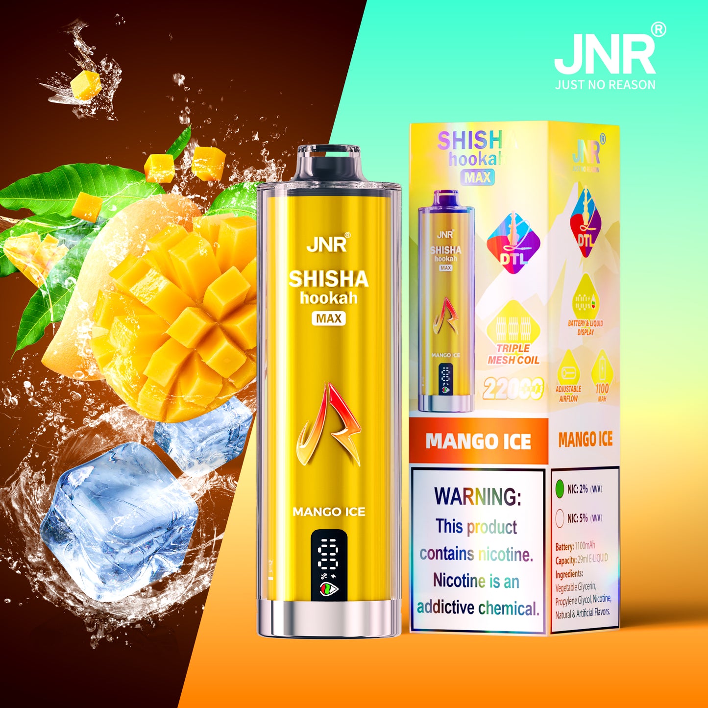 JNR Shisha Max 22000 22K Puffs Original DTL Disposable Vape Pen-1100mAh Battery, 29ml E-liquid, Multiple Nicotine 15 Flavors