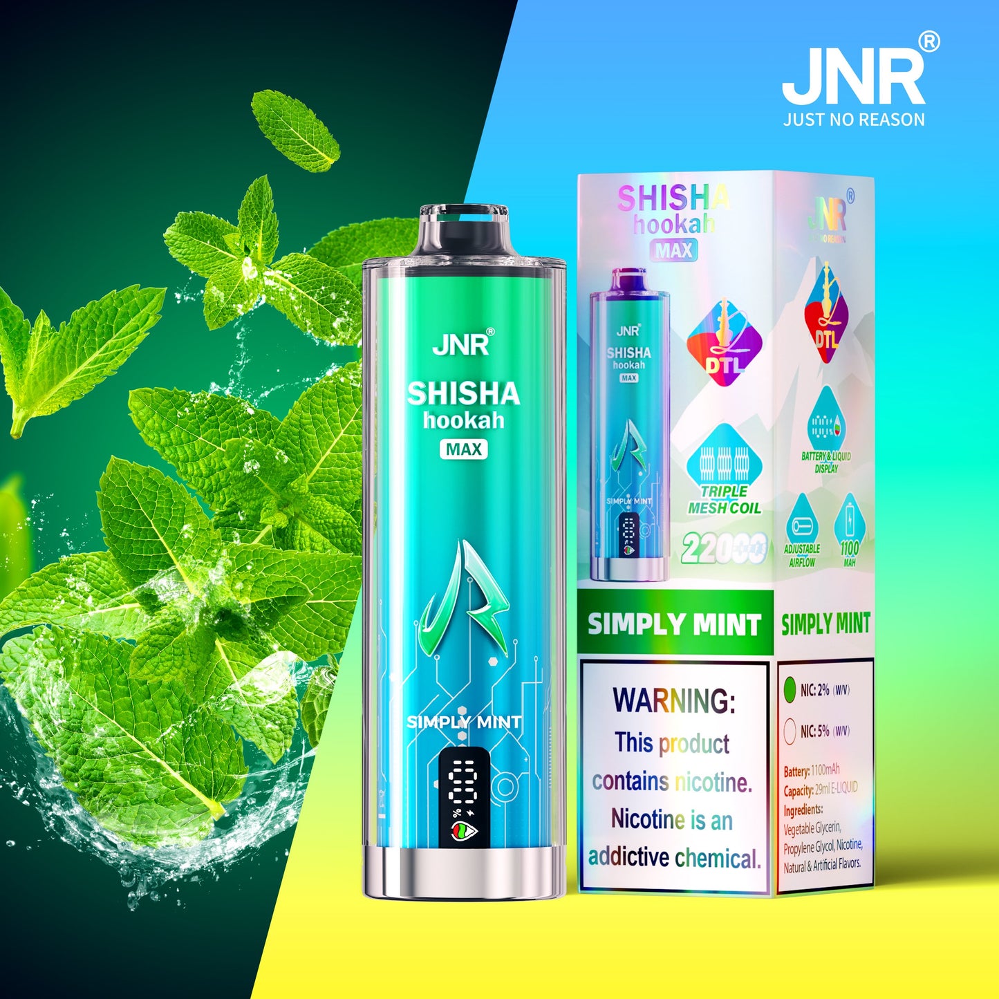 JNR Shisha Max 22000 22K Puffs Original DTL Disposable Vape Pen-1100mAh Battery, 29ml E-liquid, Multiple Nicotine 15 Flavors