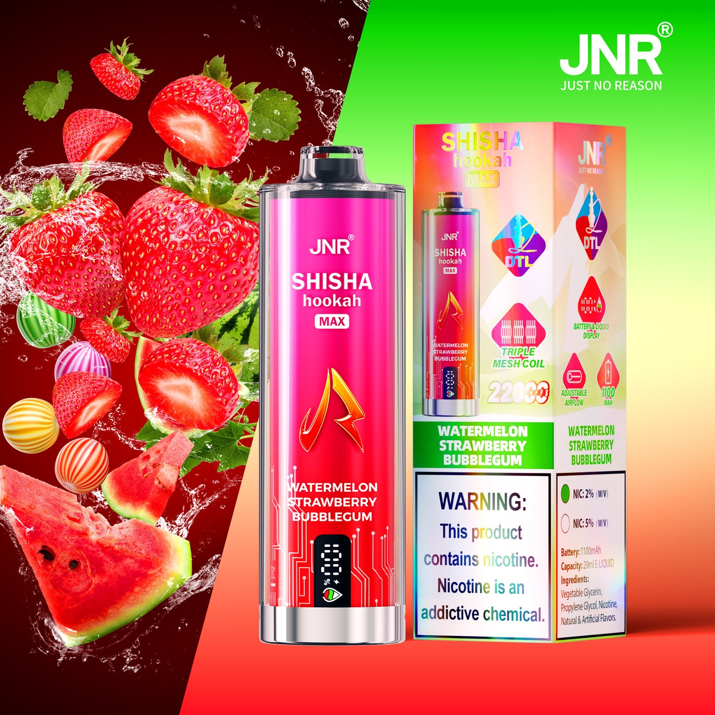 JNR Shisha Max 22000 22K Puffs Original DTL Disposable Vape Pen-1100mAh Battery, 29ml E-liquid, Multiple Nicotine 15 Flavors