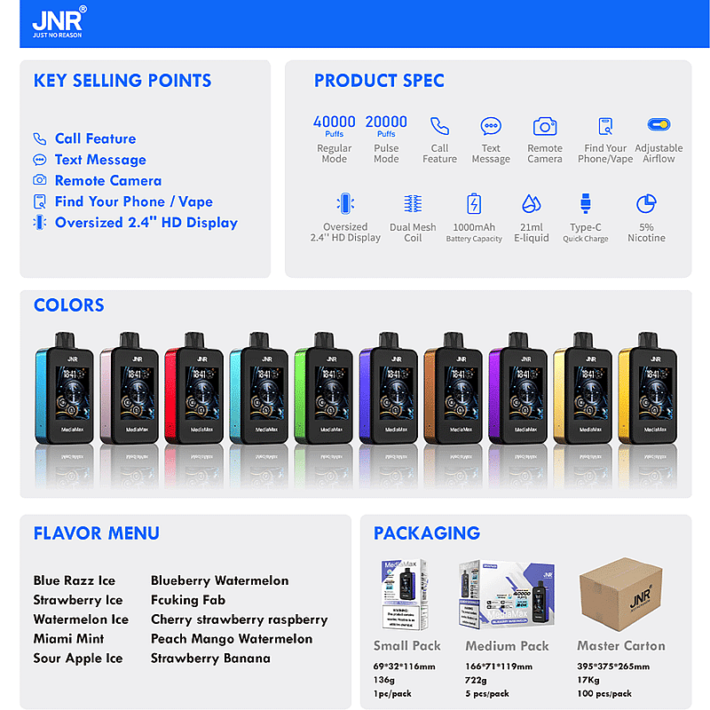 JNR Media Max 40000 40K Puffs Smoke Latest Original Intelligent Disposable Vape-1000mAh Battery, 21ml E-liquid, Multiple Nicotine 10 Flavors