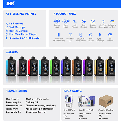JNR Media Max 40000 40K Puffs Smoke Latest Original Intelligent Disposable Vape-1000mAh Battery, 21ml E-liquid, Multiple Nicotine 10 Flavors