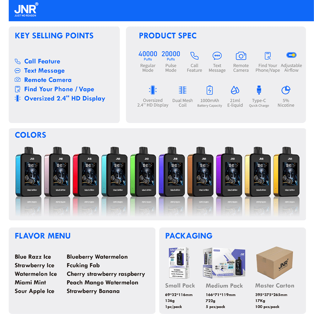 JNR Media Max 40000 40K Puffs Smoke Latest Original Intelligent Disposable Vape-1000mAh Battery, 21ml E-liquid, Multiple Nicotine 10 Flavors