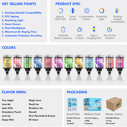 JNR Mega Shisha Hookah 100000 Puffs – The Ultimate in Large-Capacity Vaping-2200mAh Battery, 60ml E-liquid, Multiple Nicotine 12 Flavors