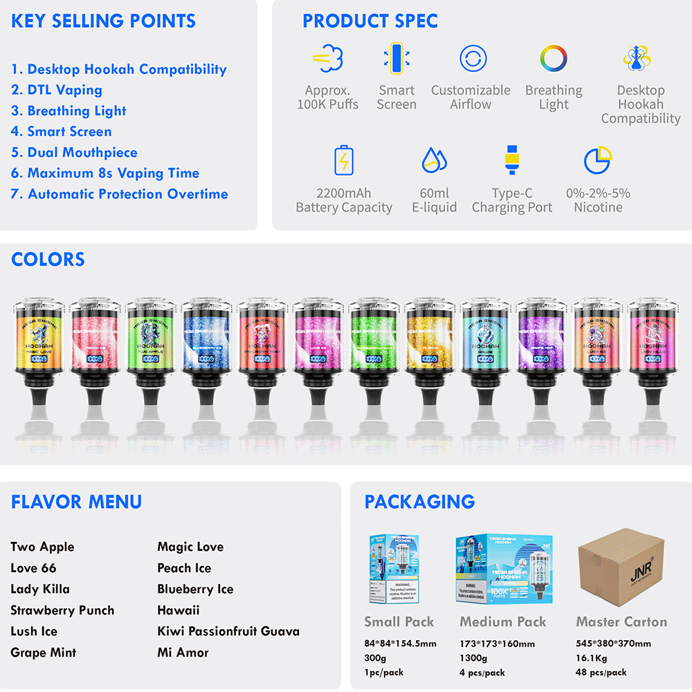 JNR Mega Shisha Hookah 100000 Puffs – The Ultimate in Large-Capacity Vaping-2200mAh Battery, 60ml E-liquid, Multiple Nicotine 12 Flavors