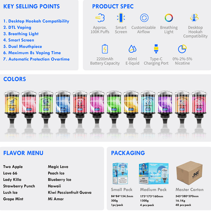 JNR Mega Shisha Hookah 100000 Puffs – The Ultimate in Large-Capacity Vaping-2200mAh Battery, 60ml E-liquid, Multiple Nicotine 12 Flavors